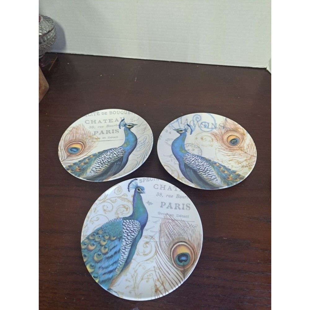 Set Of 3 Cracker Barrel Peacocks And Paris 6in Porcelain Appetizer Plates